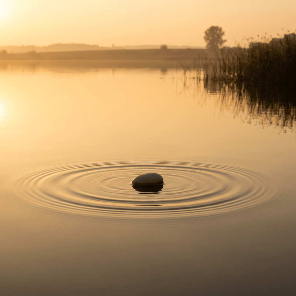 Single stone in calm water with expanding concentric ripples during a golden sunrise.